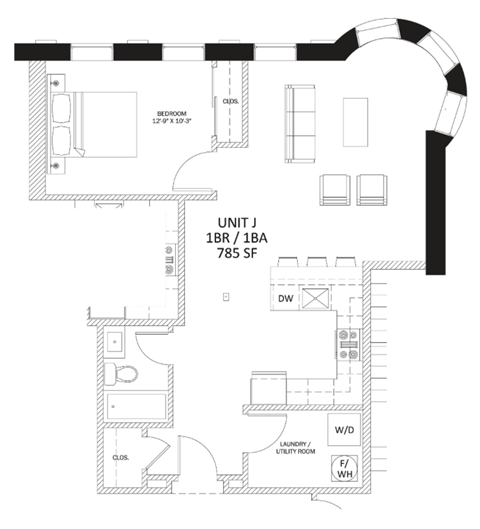 Floor plan for 1 bed, 1 bath, 785 sqft